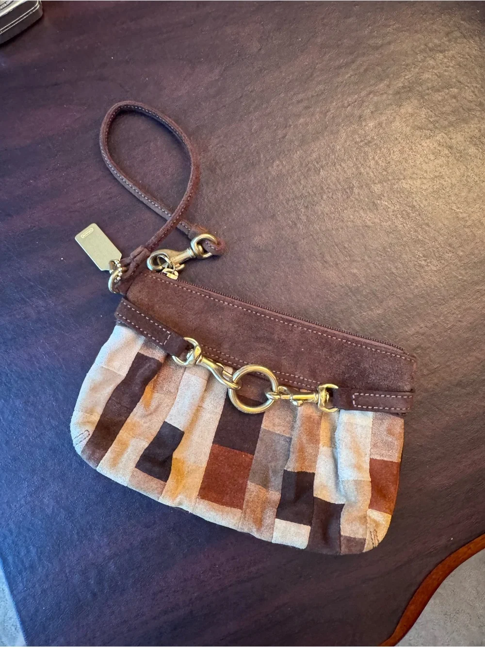 vintage Coach Hamptons Mosaic patchwork suede wristlet brown brass